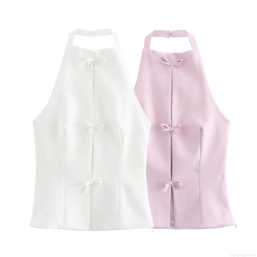 Women's Sexy Halter Neck Crop Top 100% Polyester Slim Fit Tank Top With Bow Decoration Sweet Style Sleeveless Backless Vest For Party Dating Summer Clothing