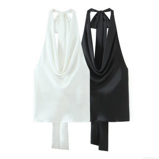 Women's Satin Halter Neck Tank Top Sexy Backless Sleeveless Crop Top With Tie Back Bow Elegant Solid Color Camisole For Party Club Summer Dating Streetwear