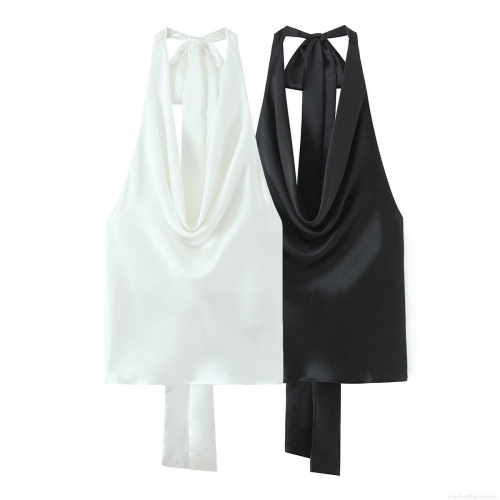 Women's Satin Halter Neck Tank Top Sexy Backless Sleeveless Crop Top With Tie Back Bow Elegant Solid Color Camisole For Party Club Summer Dating Streetwear