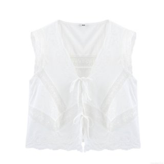 Women's Lace Embroidery Tank Top Cotton Blend V-Neck Bow Tie Sleeveless Vest Vintage Hollow Out Boho Style Summer Camisole For Women Daily Casual