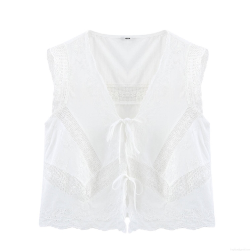 Women's Lace Embroidery Tank Top Cotton Blend V-Neck Bow Tie Sleeveless Vest Vintage Hollow Out Boho Style Summer Camisole For Women Daily Casual