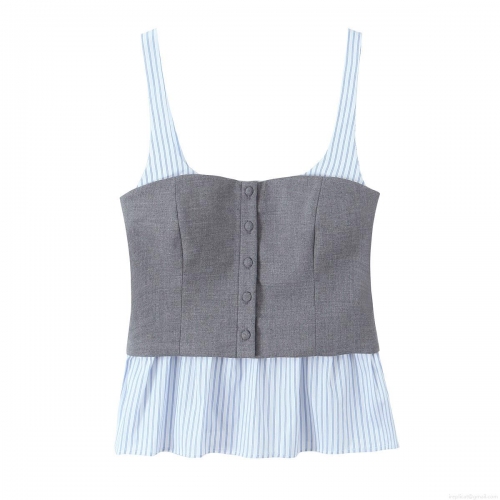 Women's Elegant Stripe Patchwork Camisole Tank Top With Button Front Ruffle Hem Polyester Slim Fit INS Style Casual Summer Sleeveless Top