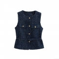 Women's Elegant Tweed Vest With Gold Buttons Shiny Sequin Sleeveless Chanel Style Waistcoat For Daily Office Party Lady Fashion Tops