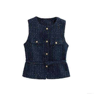 Women's Elegant Tweed Vest With Gold Buttons Shiny Sequin Sleeveless Chanel Style Waistcoat For Daily Office Party Lady Fashion Tops