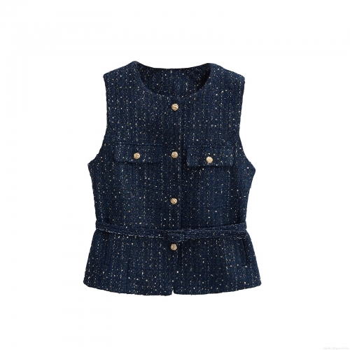 Women's Elegant Tweed Vest With Gold Buttons Shiny Sequin Sleeveless Chanel Style Waistcoat For Daily Office Party Lady Fashion Tops
