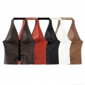 Women Sexy Halter Lace Up PU Leather Crop Top Hollow Out Backless Sleeveless Tank Top Party Clubwear Streetwear Faux Leather Vest For Women