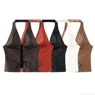Women Sexy Halter Lace Up PU Leather Crop Top Hollow Out Backless Sleeveless Tank Top Party Clubwear Streetwear Faux Leather Vest For Women