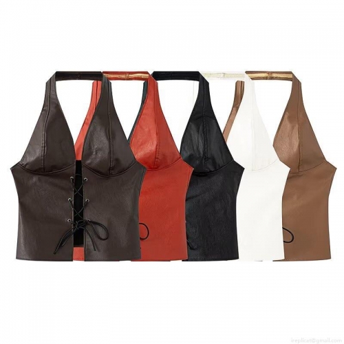 Women Sexy Halter Lace Up PU Leather Crop Top Hollow Out Backless Sleeveless Tank Top Party Clubwear Streetwear Faux Leather Vest For Women