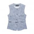 Elegant Women's Tweed Vest Sleeveless Plaid Tank Top With Belt Metal Buttons Retro Office Lady Slim Fit Textured Waistcoat Party Fashion