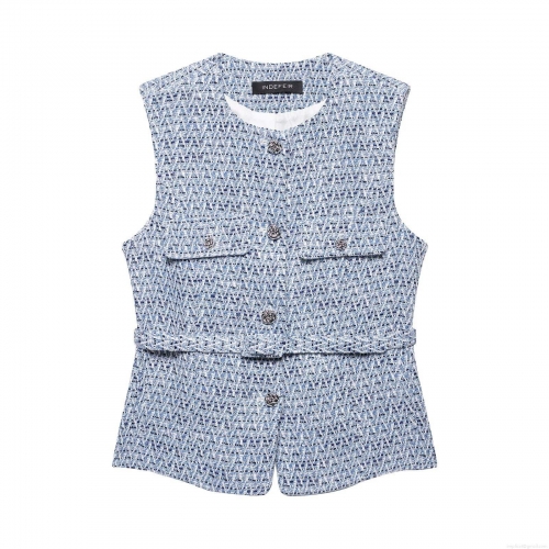 Elegant Women's Tweed Vest Sleeveless Plaid Tank Top With Belt Metal Buttons Retro Office Lady Slim Fit Textured Waistcoat Party Fashion