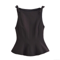 Women Sexy Peplum Camisole Top Elegant Bow Shoulder Strap Woven Polyester Tank Top For Party Clubwear Solid Color Slim Fit Sleeveless Blouse