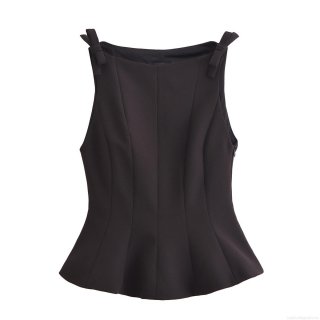 Women Sexy Peplum Camisole Top Elegant Bow Shoulder Strap Woven Polyester Tank Top For Party Clubwear Solid Color Slim Fit Sleeveless Blouse
