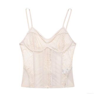 Women's Sexy Lace Mesh Patchwork Corset Top Fishbone Bustier Camisole With Back Zipper Sleeveless Slim Fit Party Clubwear White