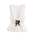 French Retro White Textured V Neck Sleeveless Tank Top With Black Bow Knots Peplum Hem Slim Fit Sweet Summer Top For Women