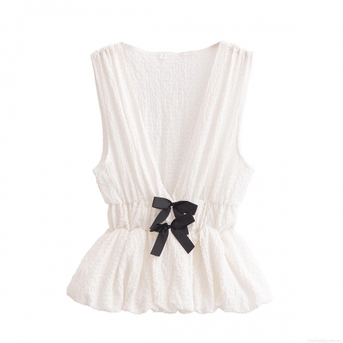 French Retro White Textured V Neck Sleeveless Tank Top With Black Bow Knots Peplum Hem Slim Fit Sweet Summer Top For Women