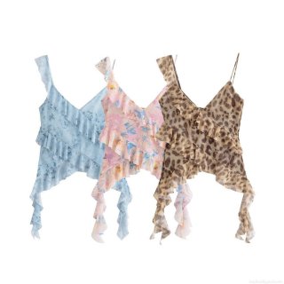 Women's Sexy Ruffle Camisole Tank Top 100% Polyester Floral Leopard Print Asymmetric Sleeveless Crop Top For Summer Beach Party Elegant Slim Fit Vest