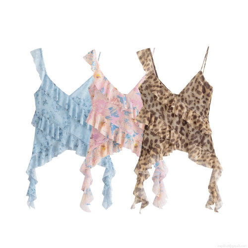 Women's Sexy Ruffle Camisole Tank Top 100% Polyester Floral Leopard Print Asymmetric Sleeveless Crop Top For Summer Beach Party Elegant Slim Fit Vest