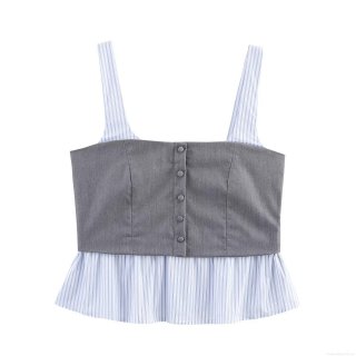 Women Patchwork Striped Camisole Slim Fit Poplin Stitching Tank Top Ruffle Hem Button Front Sleeveless Blouse For Summer Daily Elegant Style