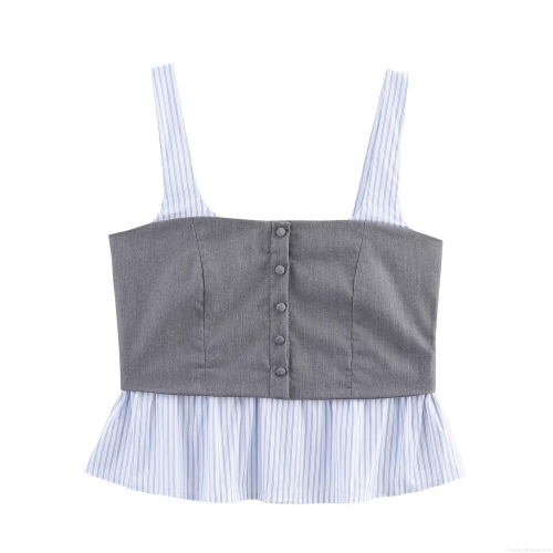 Women Patchwork Striped Camisole Slim Fit Poplin Stitching Tank Top Ruffle Hem Button Front Sleeveless Blouse For Summer Daily Elegant Style