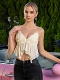 Women's 3D Floral Applique Mesh Camisole Chic Polyester Ruffle Hem Crop Top For Summer Resort Party Sexy Backless Lace Tank Top