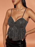 Women's Sexy Sequin Cami Top V Neck Ruffle Hem Sleeveless Crop Top Polyester Spandex Sparkly Backless Tank Top For Party Club Fashion Streetwear Summer Slim Fit