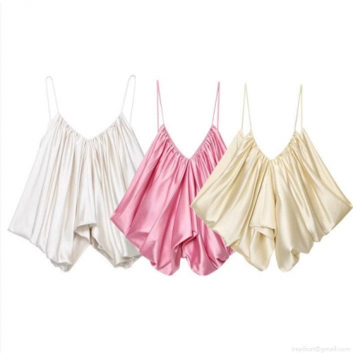 Women's Sexy V Neck Satin Pleated Camisole Top Spaghetti Strap Silk Texture Tank Top Solid Color Summer Streetwear Party Clubwear Sleeveless Blouse