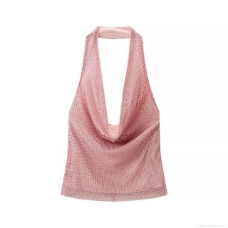 Sexy Women's Rhinestone Mesh Halter Cami Top Sparkly Cowl Neck Backless Sleeveless Party Clubwear Fashion Pink Crop Tank Top