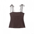 Women Fashion Chocolate Brown Camisole Elegant Tie Shoulder Straps Slim Fit Tank Top Side Zipper Woven Solid Color Short Vest Sexy Square Neck Party Dating Summer Crop Top