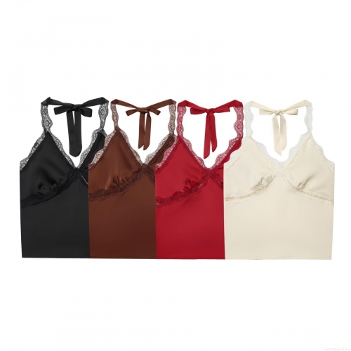 Women's Sexy Lace Trim Satin Halter Top V-Neck Backless Cami Crop Top Silk Smooth Bow Tie Tank Top For Summer Party Clubwear