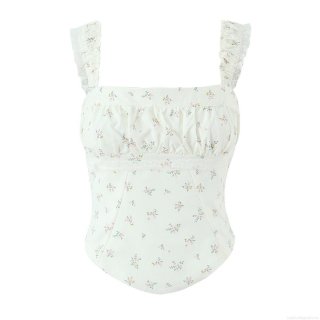 Women French Style Sweet Sexy Floral Lace Smocked Cami Top Square Neck Sleeveless Slim Fit Crop Top For Summer Beach Party Clubwear Clothing