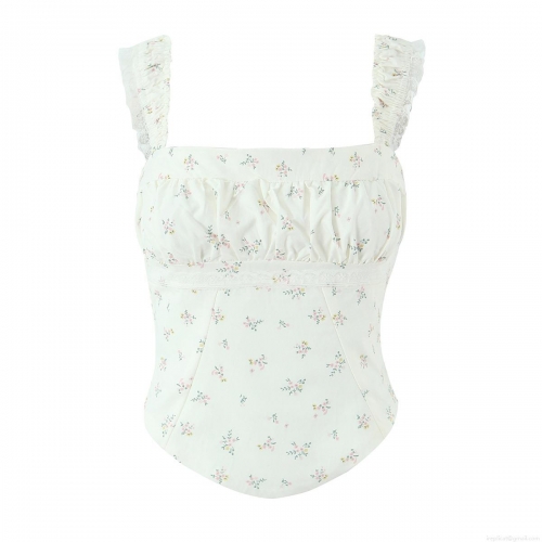 Women French Style Sweet Sexy Floral Lace Smocked Cami Top Square Neck Sleeveless Slim Fit Crop Top For Summer Beach Party Clubwear Clothing