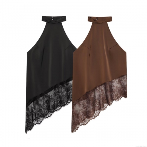 Women's Sexy Halter Top Satin Lace Patchwork Irregular Hem Sleeveless Backless Shirt For Party Club Night Out Summer Fashionable Elegant Solid Color Western INS Style Camisole