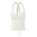 Women Sexy Halter Corset Top Lace Up Boning Backless Bustier Camisole Bow Detail Party Clubwear Sleeveless Crop Top Polyester