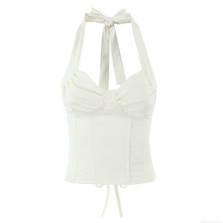 Women Sexy Halter Corset Top Lace Up Boning Backless Bustier Camisole Bow Detail Party Clubwear Sleeveless Crop Top Polyester