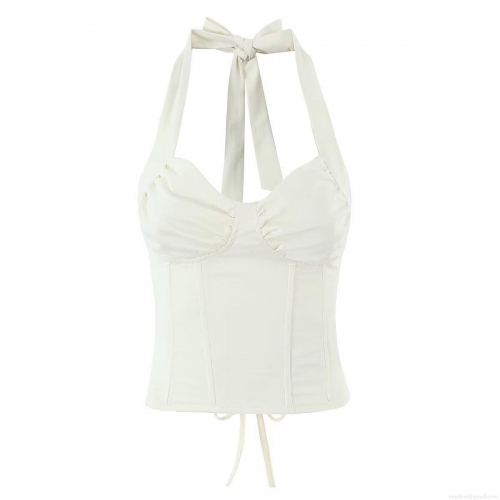 Women Sexy Halter Corset Top Lace Up Boning Backless Bustier Camisole Bow Detail Party Clubwear Sleeveless Crop Top Polyester