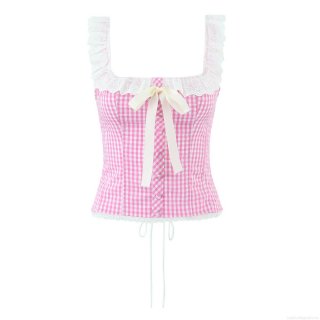 French Sweet Gingham Corset Top Women Lace Ruffle Sleeveless Camisole Bow Tie Backless Slim Fit Crop Top Summer Daily Vacation Party Tank Top
