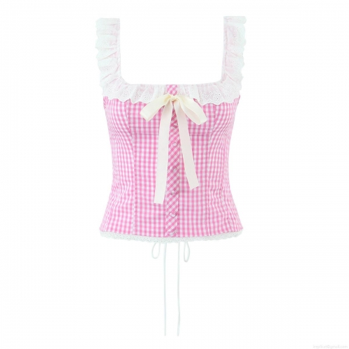 French Sweet Gingham Corset Top Women Lace Ruffle Sleeveless Camisole Bow Tie Backless Slim Fit Crop Top Summer Daily Vacation Party Tank Top