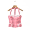 Women's French Sexy Halter Tank Top Sweet Lace Stitching Slim Fit Gingham Heart Print Tie-up Camisole Summer Y2K Sleeveless Backless Crop Top