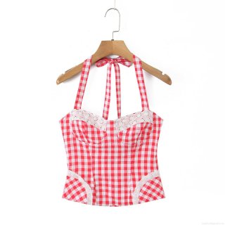 Women's French Sexy Halter Tank Top Sweet Lace Stitching Slim Fit Gingham Heart Print Tie-up Camisole Summer Y2K Sleeveless Backless Crop Top