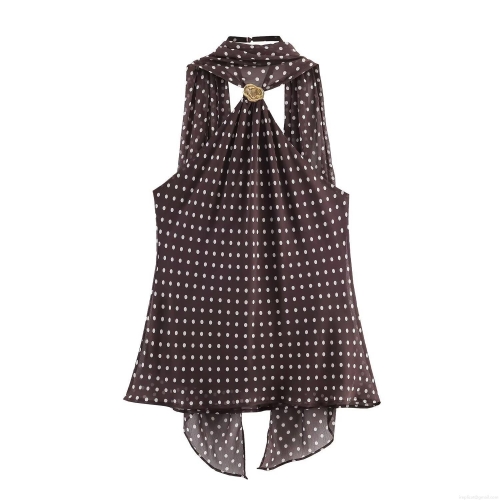 Women's Sexy Halter Neck Polka Dot Top Backless Chiffon Sleeveless Blouse With Metal Ring Decoration Elegant Summer Slim Fit Brown White Polka Dot Party Top For Women