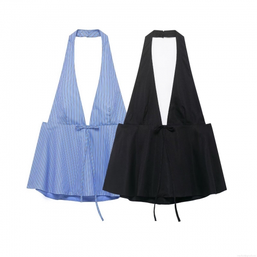 Sexy Halter Neck V Neck Bow Tie Backless Top Women's Summer Striped Crop Peplum Blouse Sleeveless Tank Top for Party Clubwear