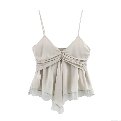 Sexy V-Neck Lace Trim Cami Top For Women Georgette Ruching Solid Color Adjustable Spaghetti Strap Camisole Party Clubwear Summer Sleeveless Shirt