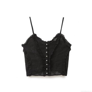 Women's Sexy Floral Embroidery Cami Top Sleeveless Ruffle Hem Button Down Crop Top Adjustable Spaghetti Strap Cotton Blend Streetwear Black Top