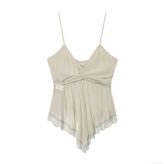 Women's Elegant Satin Tank Top Lace Stitching Ruched V-Neck Camisole Sleeveless Slim Fit Shirt For Party Club Daily Wear Sexy Spaghetti Strap Top