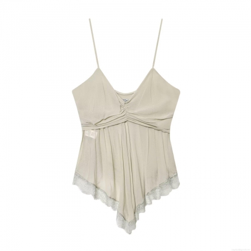 Women's Elegant Satin Tank Top Lace Stitching Ruched V-Neck Camisole Sleeveless Slim Fit Shirt For Party Club Daily Wear Sexy Spaghetti Strap Top