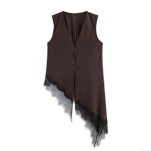 Women's Fashion V-Neck Sleeveless Lace Patchwork Tank Top Asymmetrical Button Up Cami Vest For Party Dating Chic Slim Fit Polyester Top