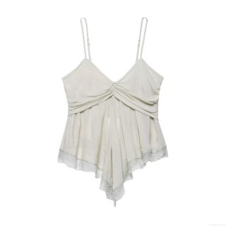 Women Sexy Lace Trim Ruched Bust Camisole Top Satin Acrylic Blend Adjustable Straps Slim Fit Short Tank Top For Summer Party Clubwear Daily Wear