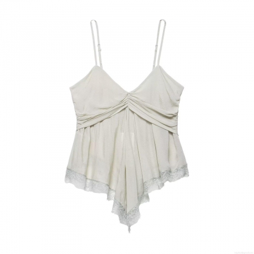 Women Sexy Lace Trim Ruched Bust Camisole Top Satin Acrylic Blend Adjustable Straps Slim Fit Short Tank Top For Summer Party Clubwear Daily Wear