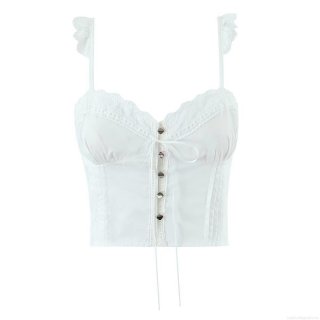 Women's Sexy Lace Trim Cotton Camisole Cropped Top With Metal Heart Buttons And Bow Tie Detail For Summer Streetwear Party Sleeveless Tank Top