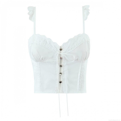 Women's Sexy Lace Trim Cotton Camisole Cropped Top With Metal Heart Buttons And Bow Tie Detail For Summer Streetwear Party Sleeveless Tank Top